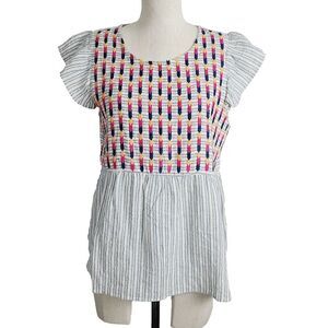 Savanna Jane Top S Gray Stripe Multicolor Embroidery Peplum Ruffle Sleeve Blouse